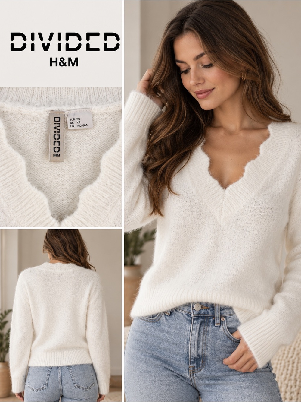 Divided Cream Scalloped V-Neck Fuzzy Pullover Sweater